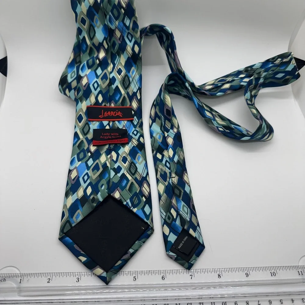 J. Garcia Necktie Geometric Diamond Pattern Blue Green Silk‎ Blend